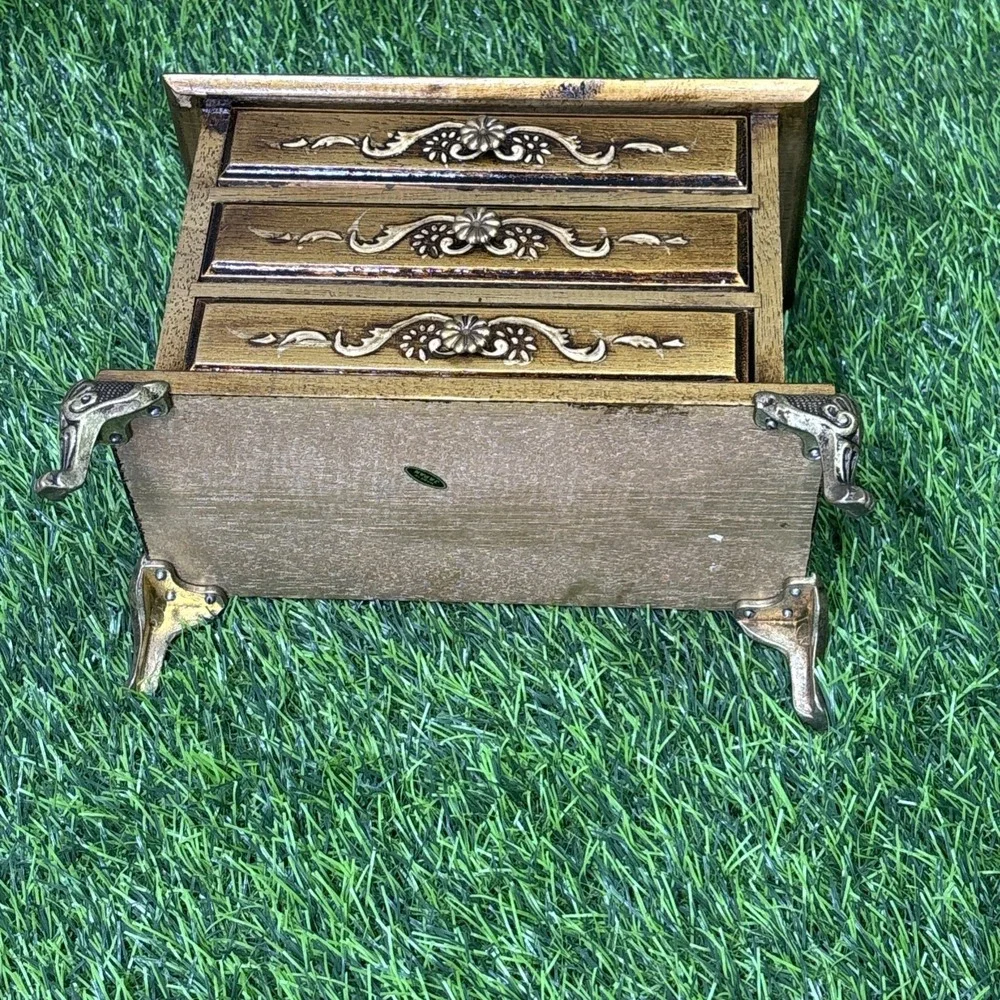 Vintage Florentine Music Jewelry Box Made in Japan Gold Gilt Wood 3 Drawer